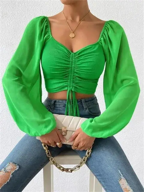 Top Corto (Crop Top) de Manga Larga con Fruncido y Transparencias