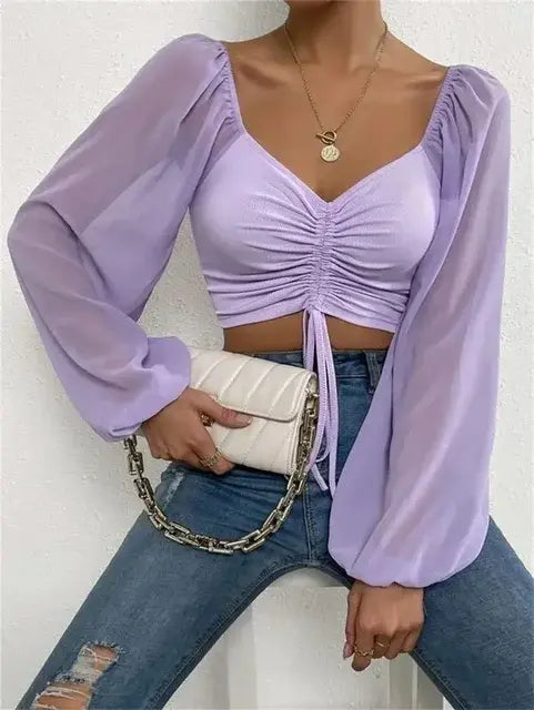 Top Corto (Crop Top) de Manga Larga con Fruncido y Transparencias